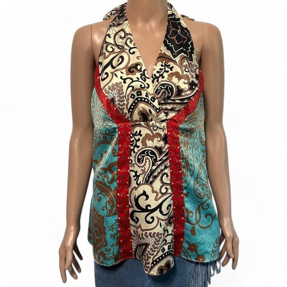 The Limited women's multi colored mixed paisley print halter tie neck top SZ L